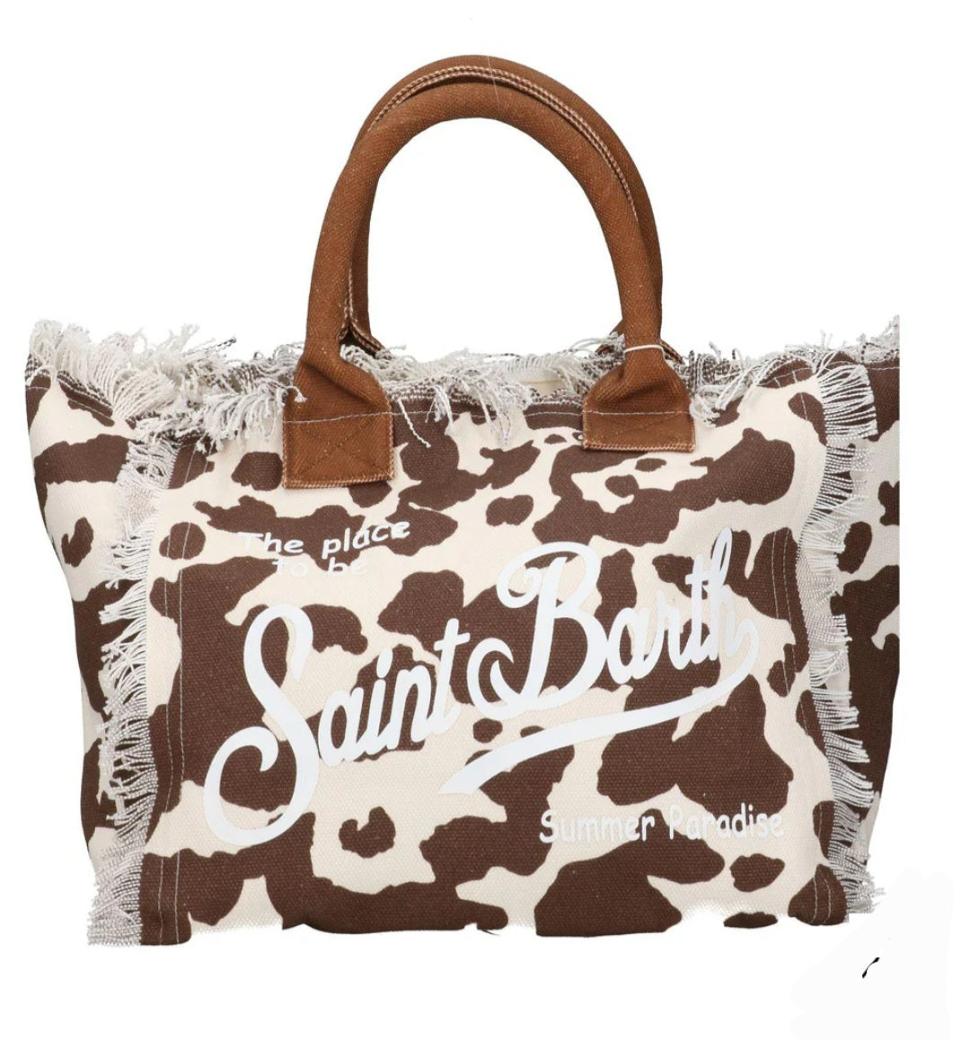 SAINT BARTH VANITY Borsa tote Vanity in tela di cotone con stampa in pelle di mucca