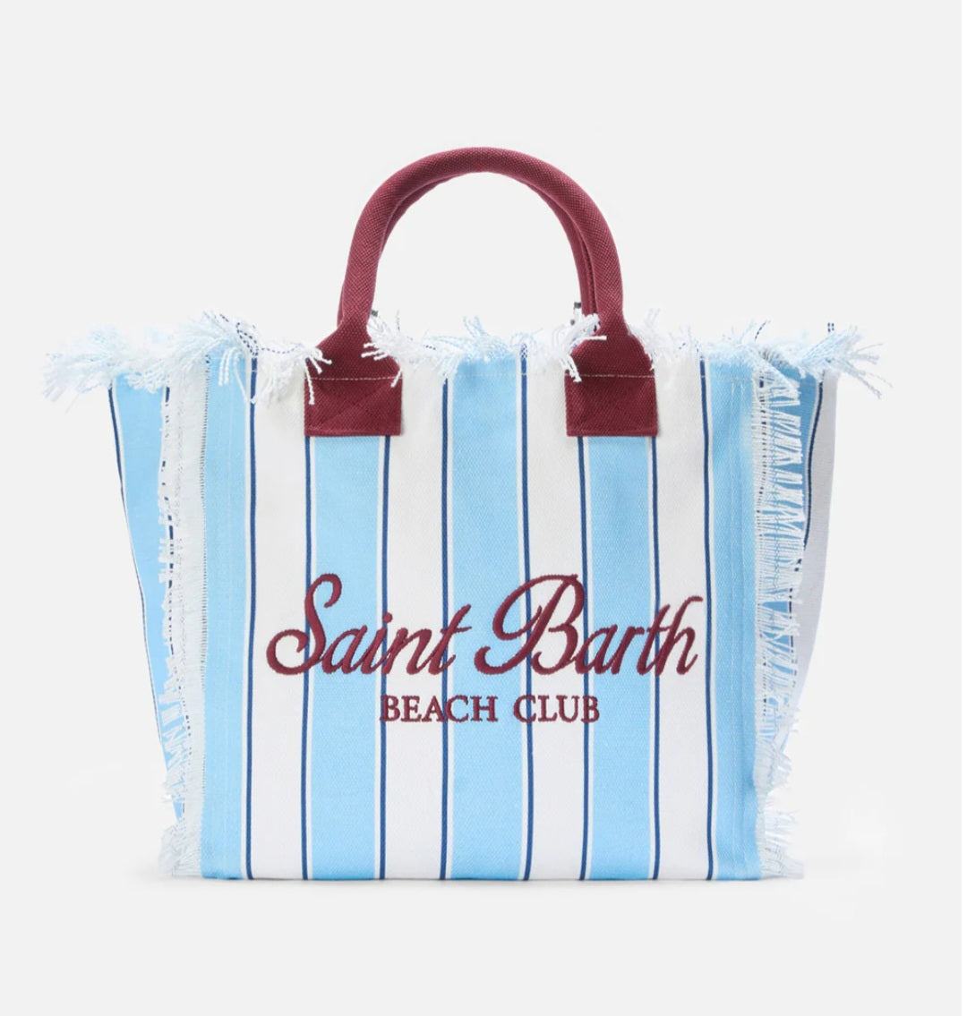 SAINT BARTH VANITYBorsa Vanity regular in canvas a righe azzurre con dettagli bordeaux